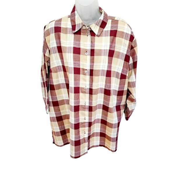 Mountain Lake Women's Marron Plaid 3/4 Sleeve Button Front Shirt Size 20W - Picture 1 of 10